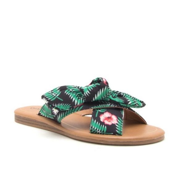 Tropical Floral Print Bow Slide Sandals - Picture 2 of 15